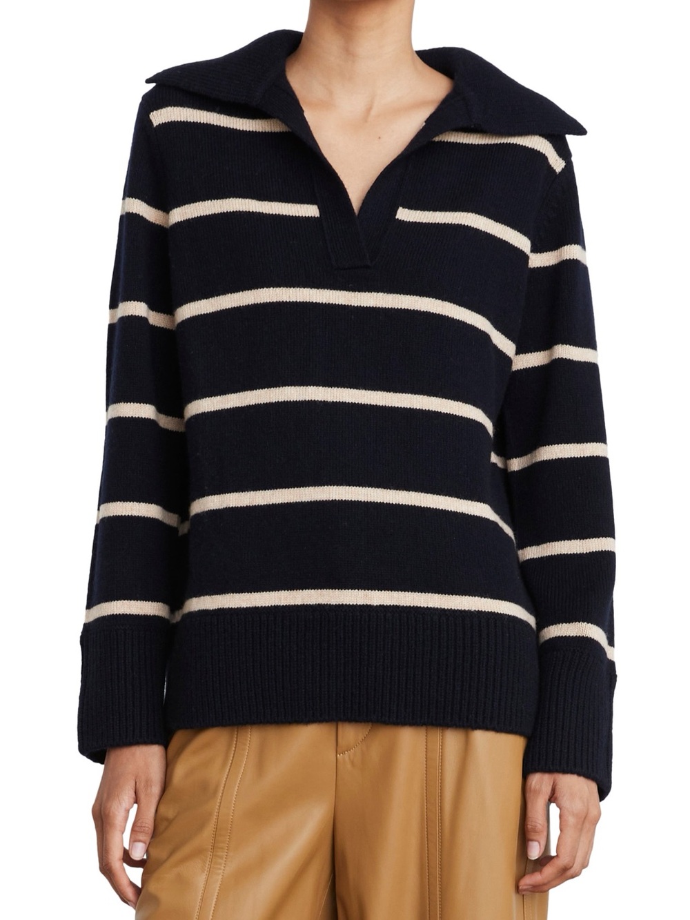 Vince Striped Navy and Cream Polo Collar Sweater wool/cashmere